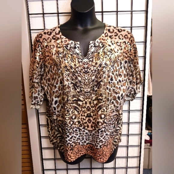 Chicos Leopard Print Gold Metallic Dots Blouse. Chicos Size 3 - Picture 2 of 5